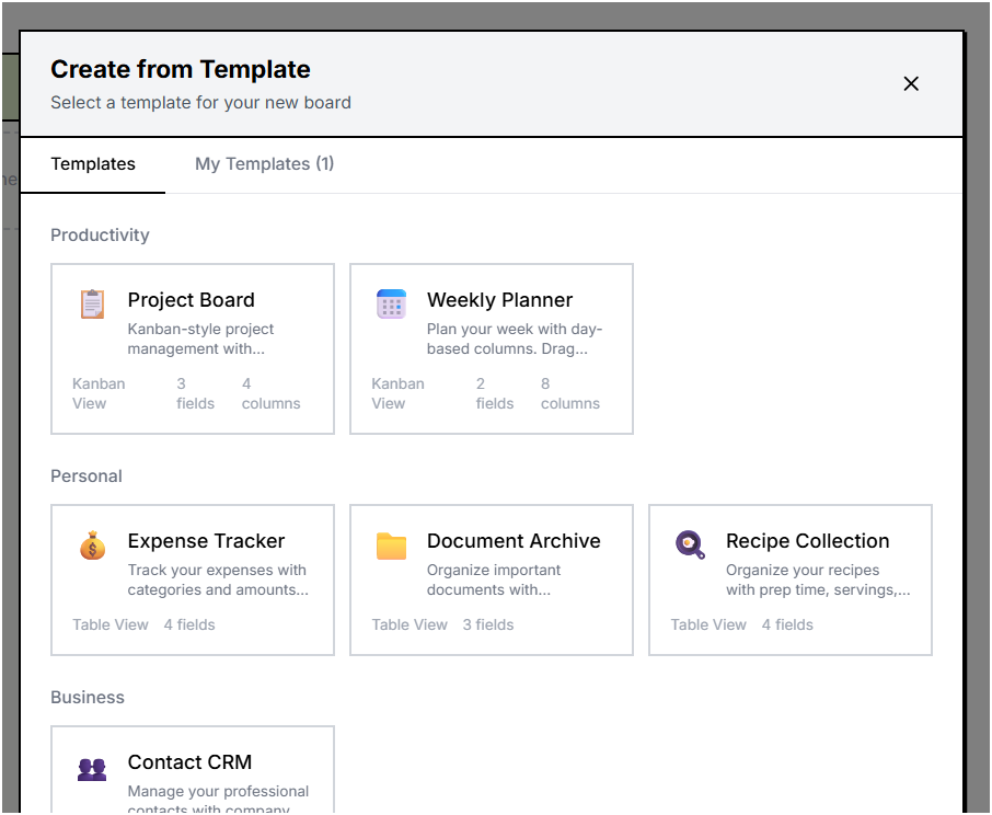 Create database cards from templates