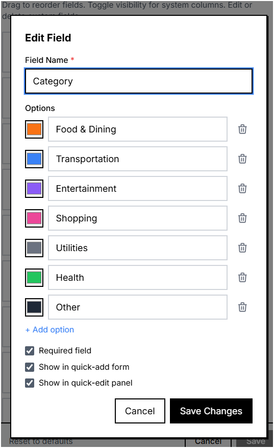 Database field validation options