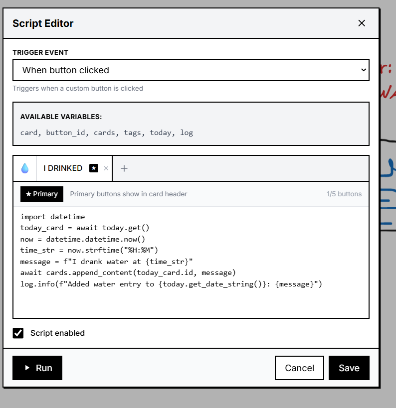 Script editor showing a water tracker script with custom button
