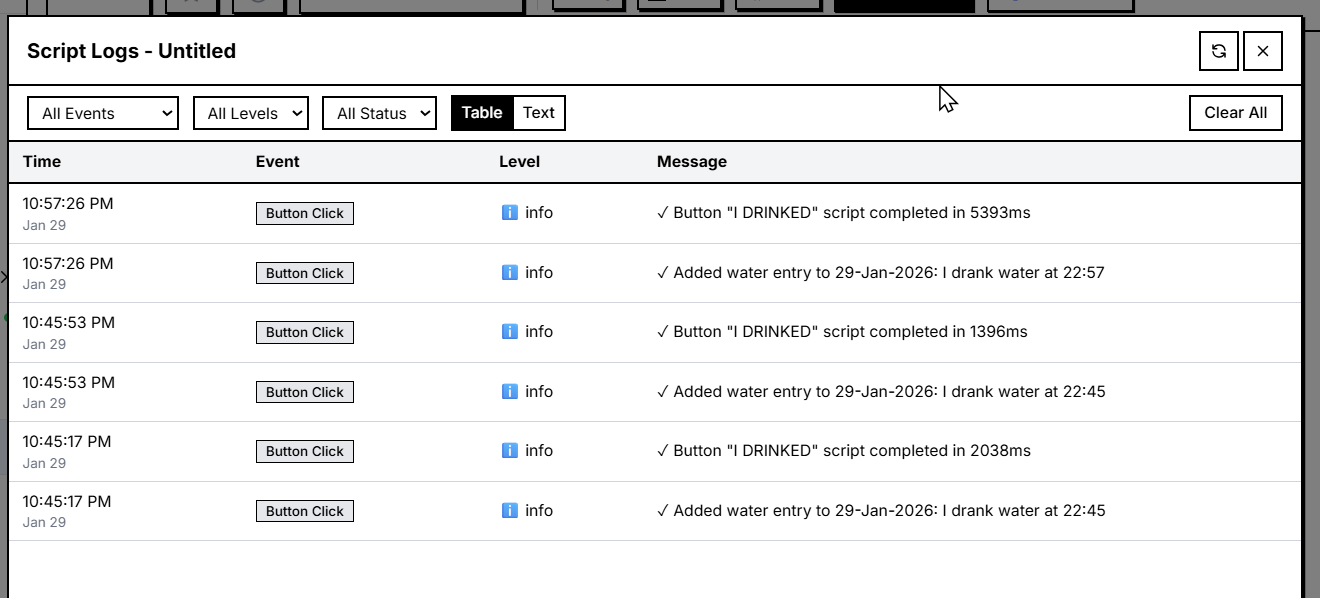 Script logs panel showing button click history and script output