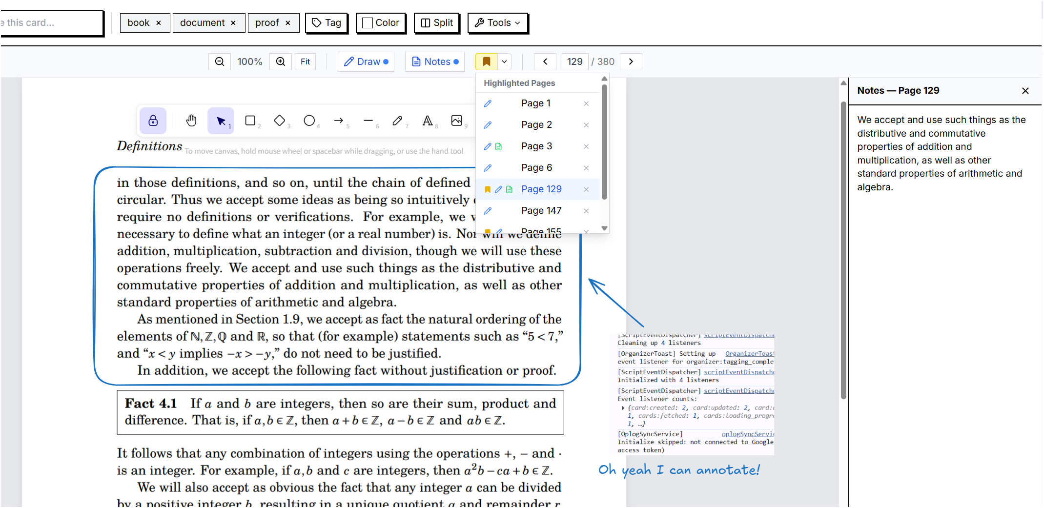 PDF viewer showing bookmark dropdown with highlighted pages, drawing annotations, and side notes indicators