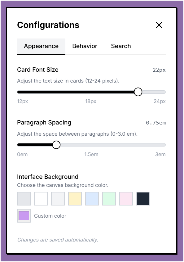 Configuration Panel - Appearance Tab showing font size, paragraph spacing, and background color settings