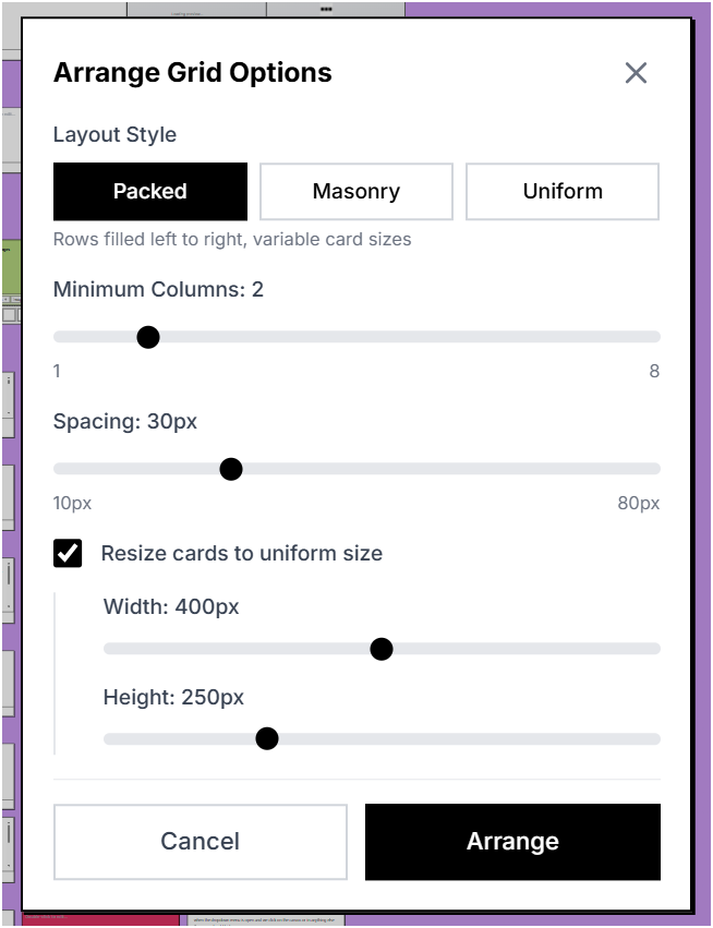 Grid Arrangement Options Dialog showing layout style, minimum columns, spacing, and resize options