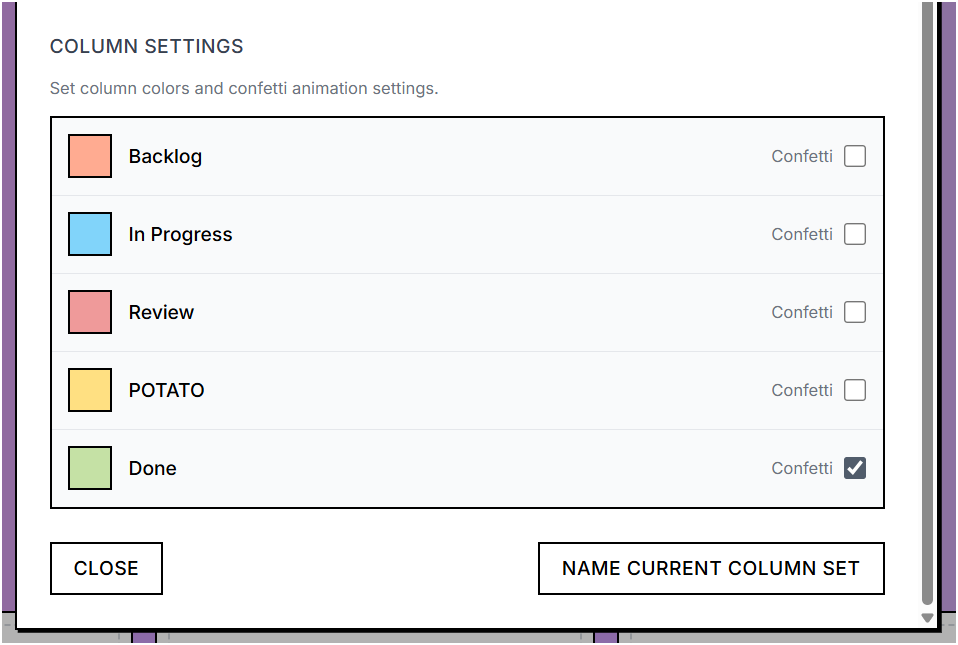 Column Settings section with color pickers and confetti animation toggles