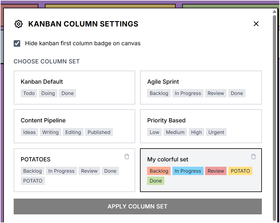 Kanban Column Settings panel showing column set selection with colored column previews