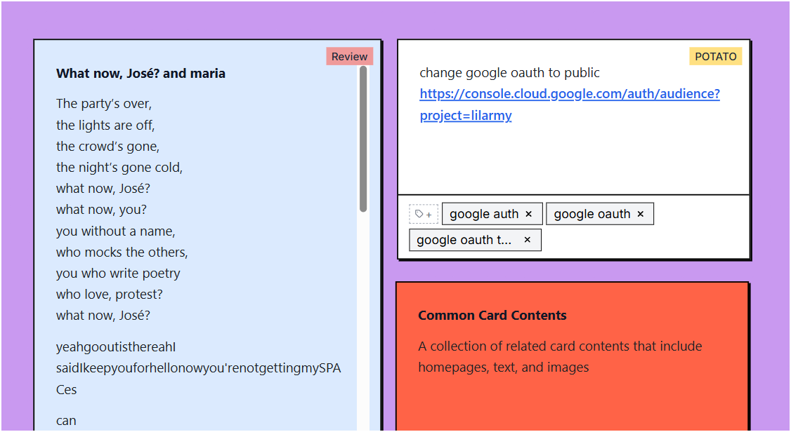 Canvas view showing cards with colored kanban status badges